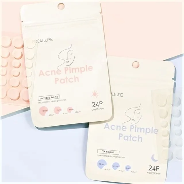 Parches Focallure Acne Pimple Patch día y noche sobre fondo pastel