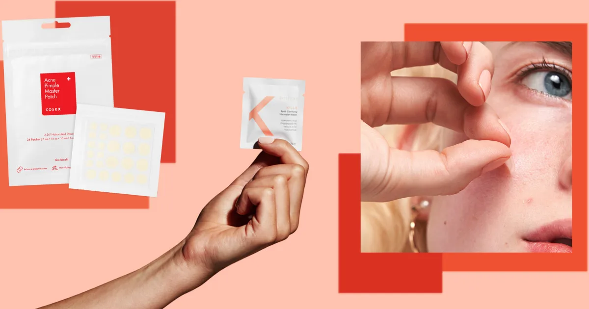 Parches para acné COSRX y mujer aplicando tratamiento en rostro